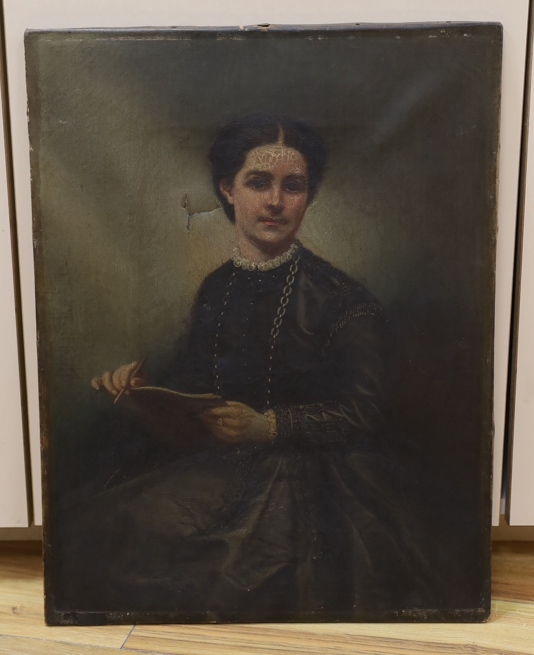 Victorian School, oil on canvas, Portrait of a lady wearing mourning dress, 58 x 45cm, unframed